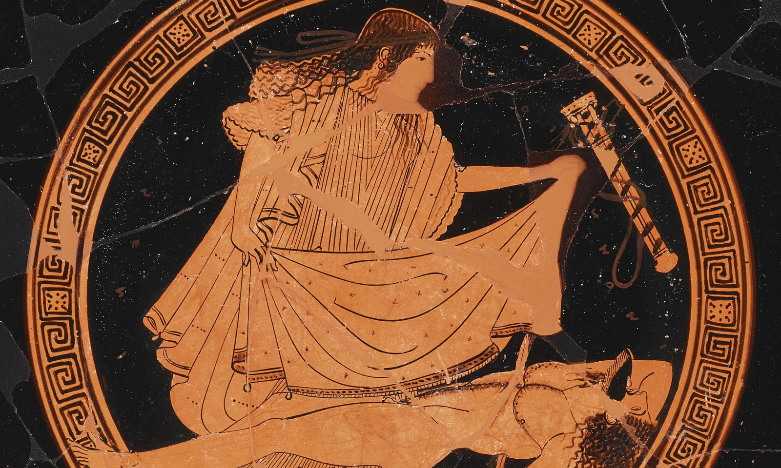 The inside of a red-figure drinking cup by the Brygos Painter, Athens, about 490 BC