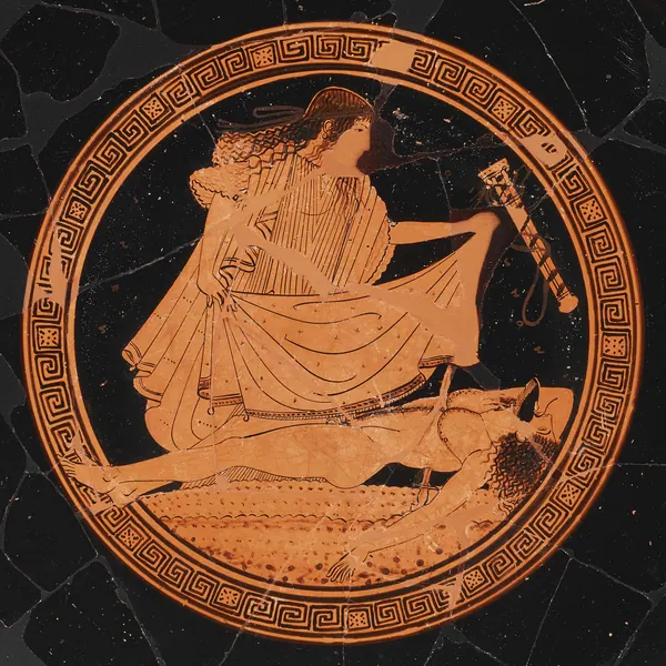 The inside of a red-figure cup by the Brygos Painter